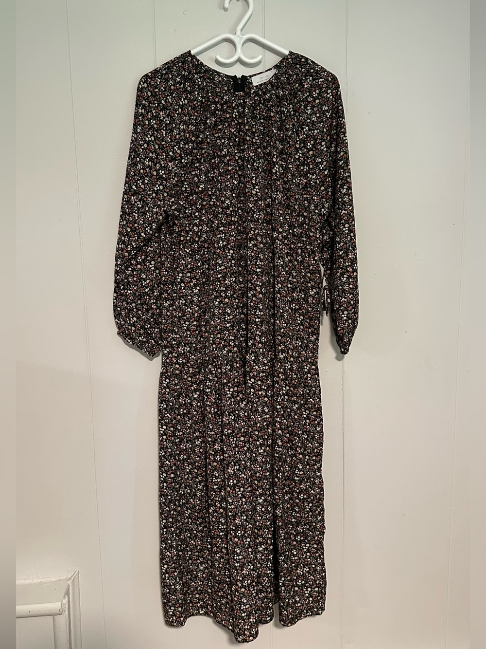 Zara Black Floral Long Sleeve Midi Dress with Pink and Cream Details
